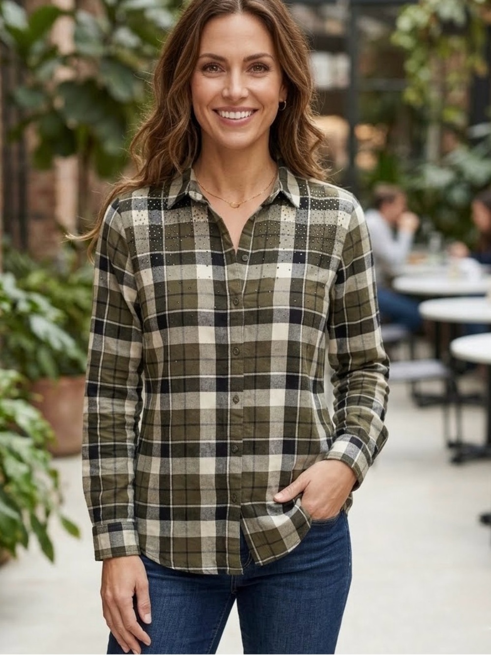 Zara Basic Plaid Button-Down Rhinestone Embellished Top Blouse Shirt, Size, M